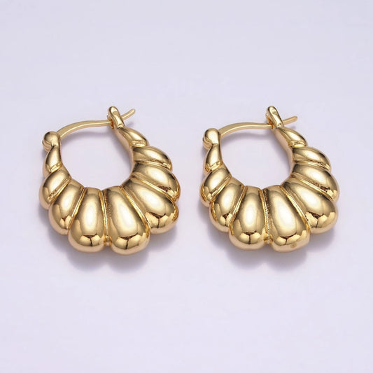 16K Gold Filled U-Shaped Puffed Croissant French Lock Latch Hoop Earrings | AE603