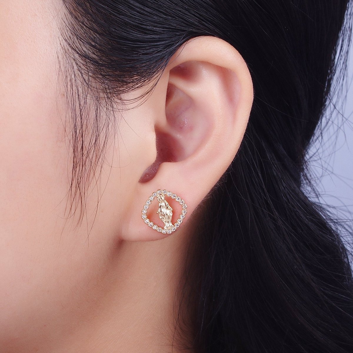 18K Gold Rhombus Mother Virgin Mary Micro Paved Cubic Zirconia Religious Stud Earrings | AE-1051