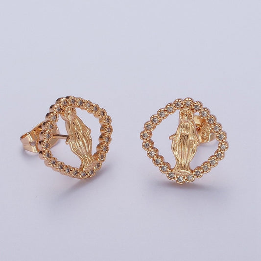 18K Gold Rhombus Mother Virgin Mary Micro Paved Cubic Zirconia Religious Stud Earrings | AE-1051
