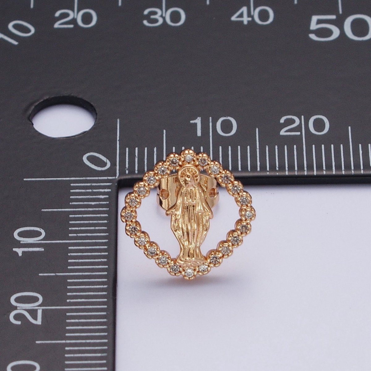 18K Gold Rhombus Mother Virgin Mary Micro Paved Cubic Zirconia Religious Stud Earrings | AE-1051