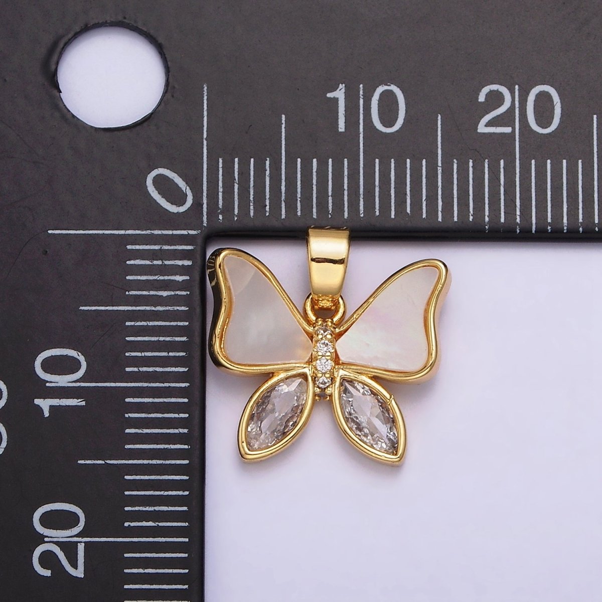 24K Gold Filled Butterfly Shell Pearl Clear CZ Marquise Wings Pendant | AA586