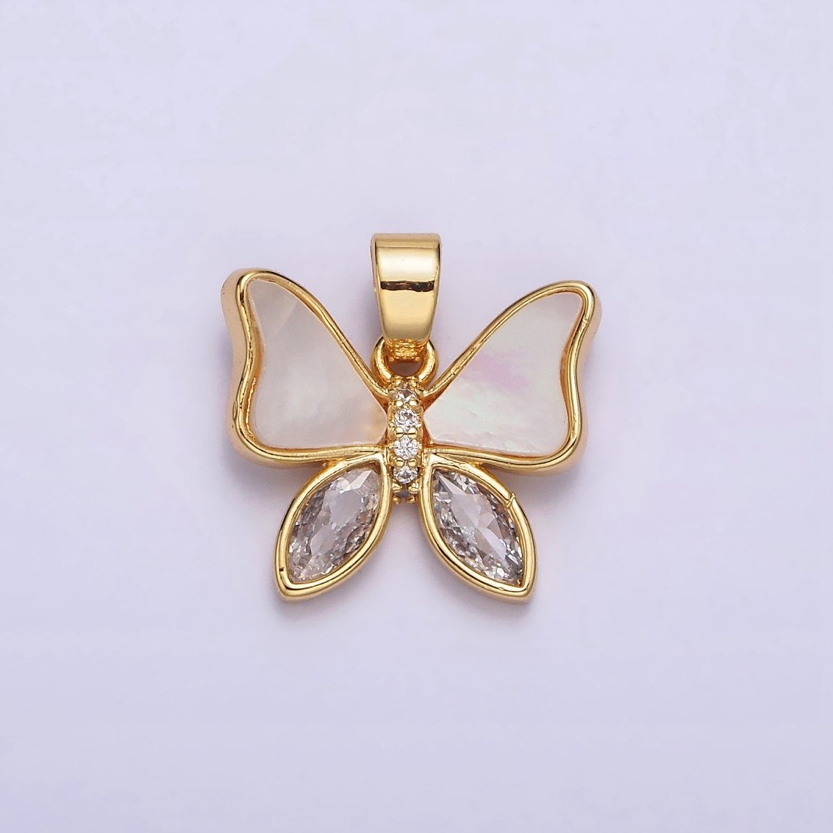 24K Gold Filled Butterfly Shell Pearl Clear CZ Marquise Wings Pendant | AA586
