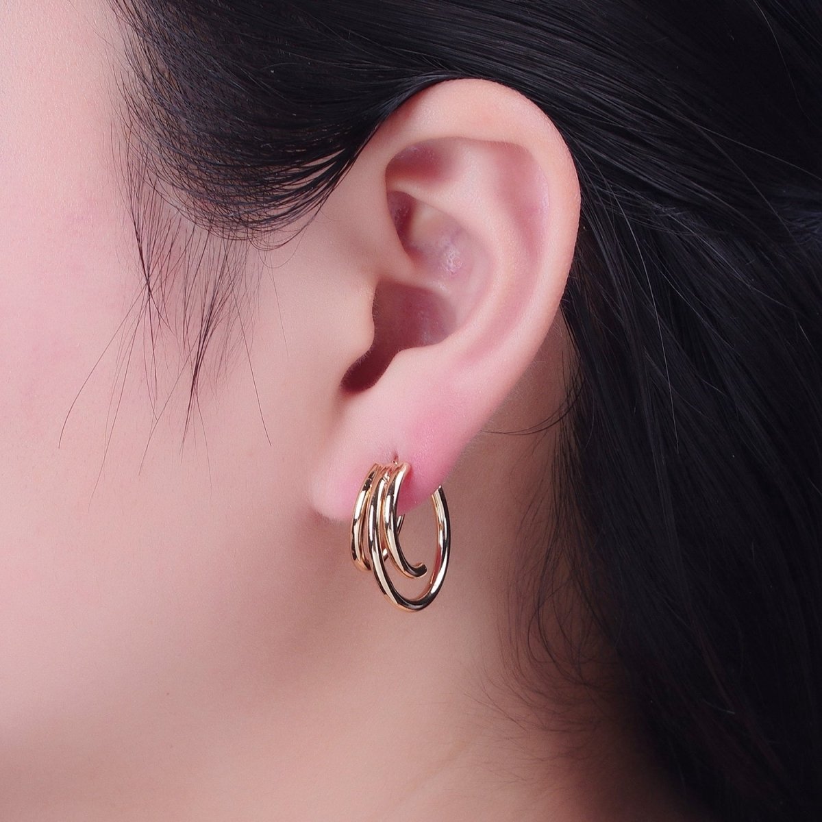 24K Gold Filled Triple Round Bar Gold Stud Earrings P-317