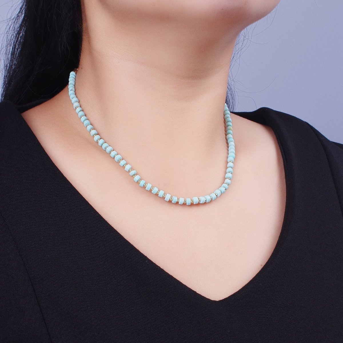 Clearance Pricing BLOWOUT Gold Filled Blue Turquoise Rondelle Heishi Gemstone Gold Spacer Beads 16 Inch Choker Necklace | WA-1435