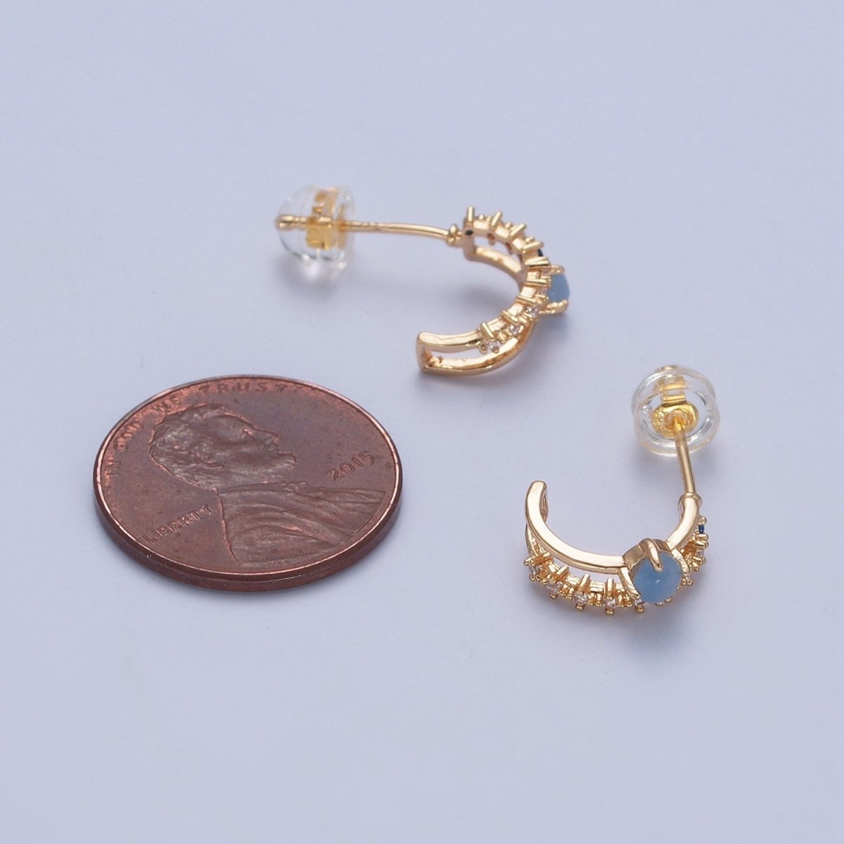 OS Dainty Double Band 24K Gold Filled Micro Pave Blue Clear Cubic Zirconia Stud Earrings P-401