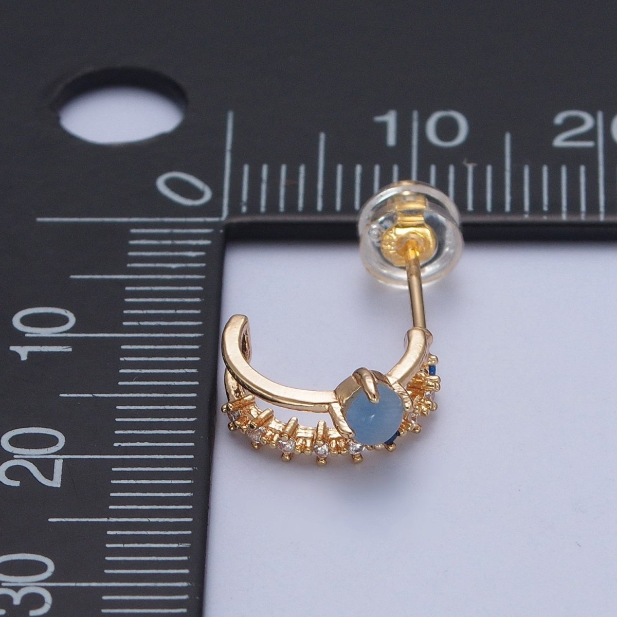 OS Dainty Double Band 24K Gold Filled Micro Pave Blue Clear Cubic Zirconia Stud Earrings P-401