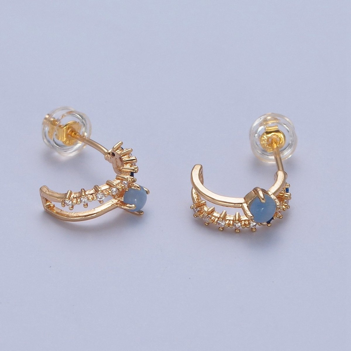 OS Dainty Double Band 24K Gold Filled Micro Pave Blue Clear Cubic Zirconia Stud Earrings P-401