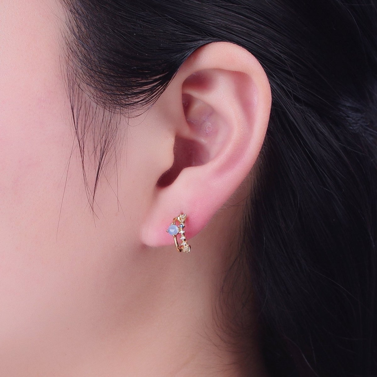 OS Dainty Double Band 24K Gold Filled Micro Pave Blue Clear Cubic Zirconia Stud Earrings P-401