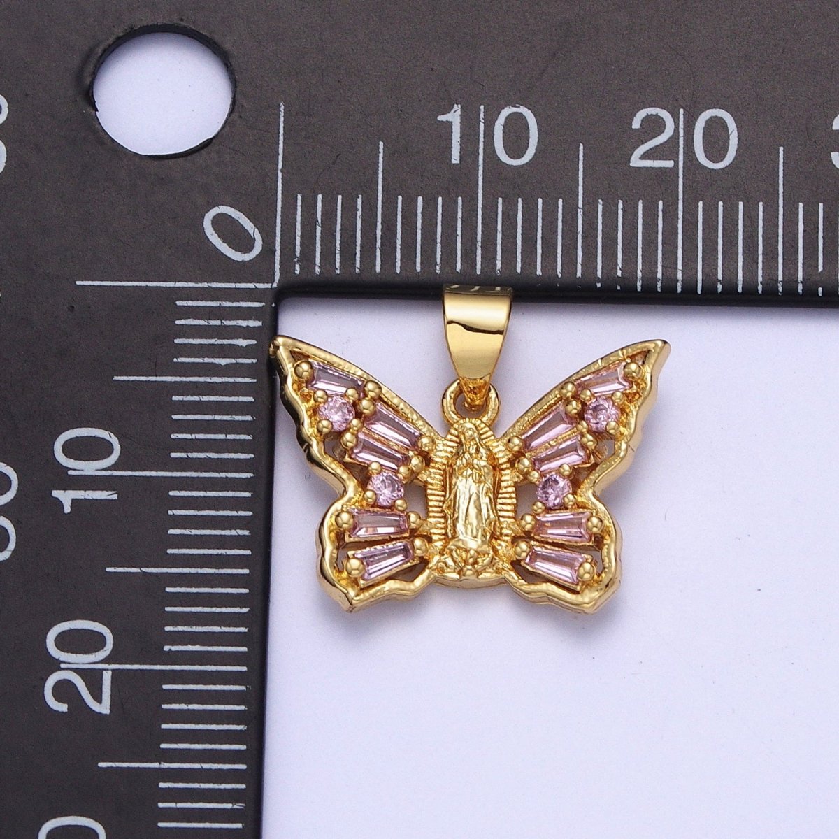 OS Dainty Pink Butterfly Charm with Lady Guadalupe Center Virgin Mary Pendant for Necklace X-399