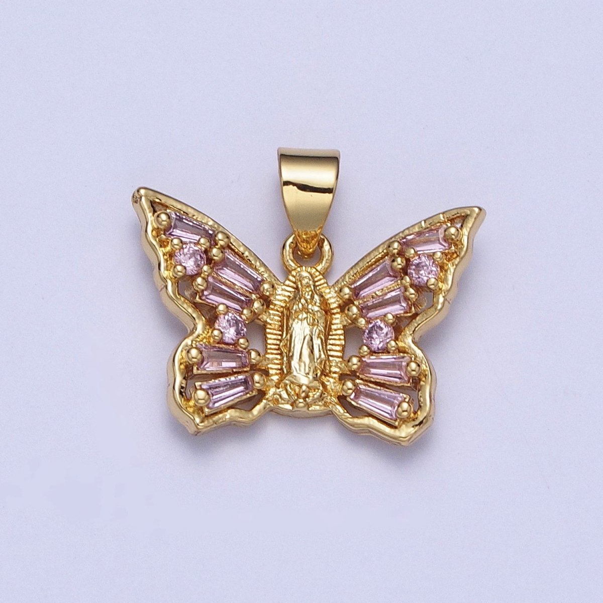 OS Dainty Pink Butterfly Charm with Lady Guadalupe Center Virgin Mary Pendant for Necklace X-399