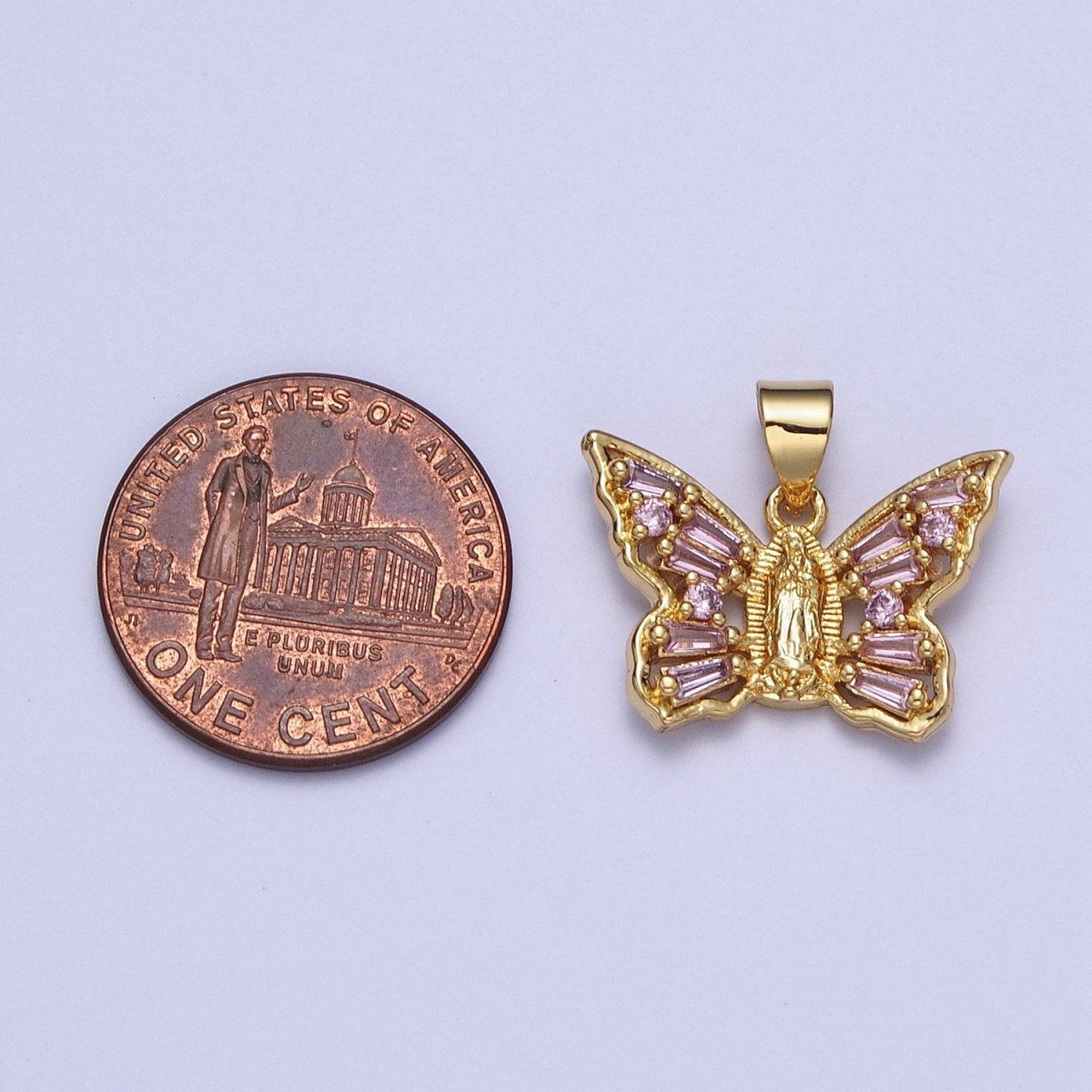 OS Dainty Pink Butterfly Charm with Lady Guadalupe Center Virgin Mary Pendant for Necklace X-399