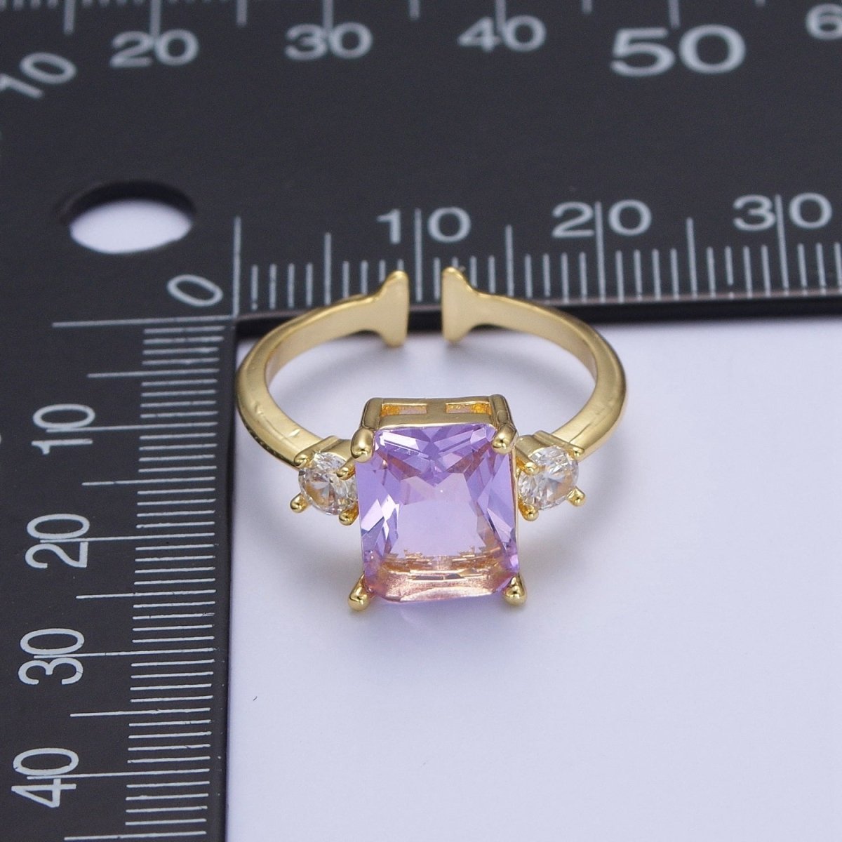 Gold Purple Amethyst Baguette Cubic Zirconia Adjustable Rings S-256