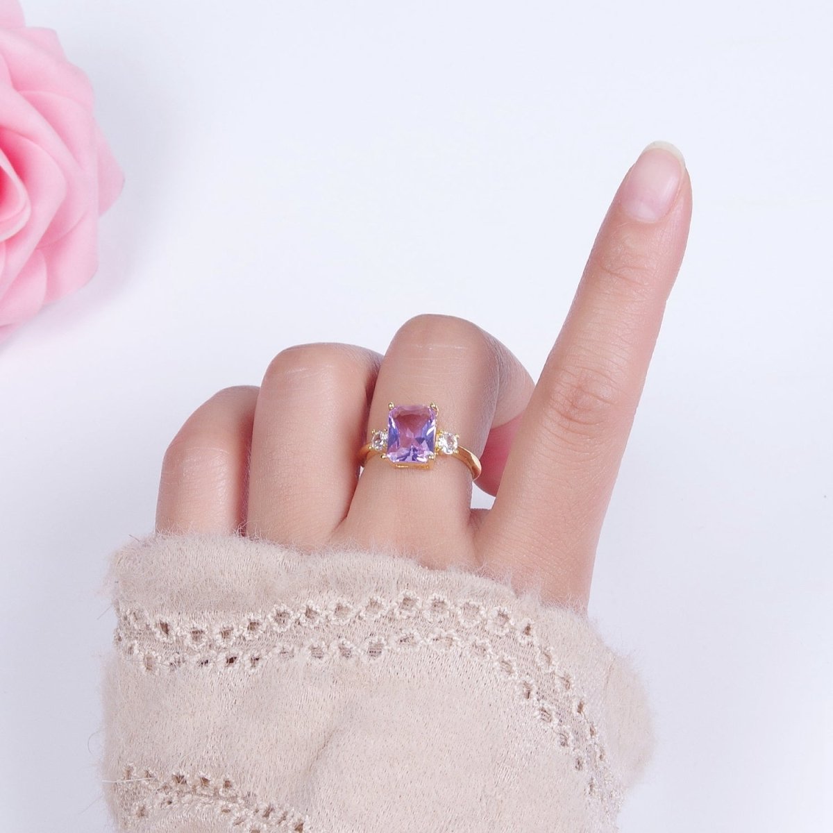 Gold Purple Amethyst Baguette Cubic Zirconia Adjustable Rings S-256