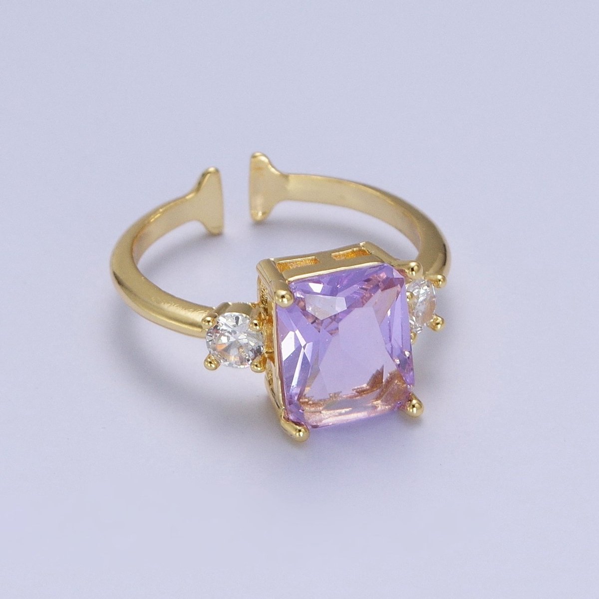 Gold Purple Amethyst Baguette Cubic Zirconia Adjustable Rings S-256
