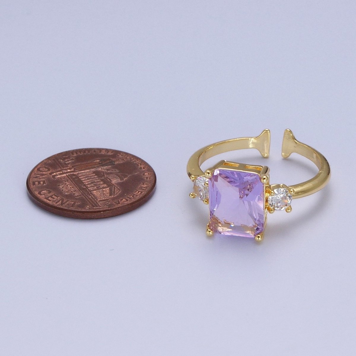 Gold Purple Amethyst Baguette Cubic Zirconia Adjustable Rings S-256