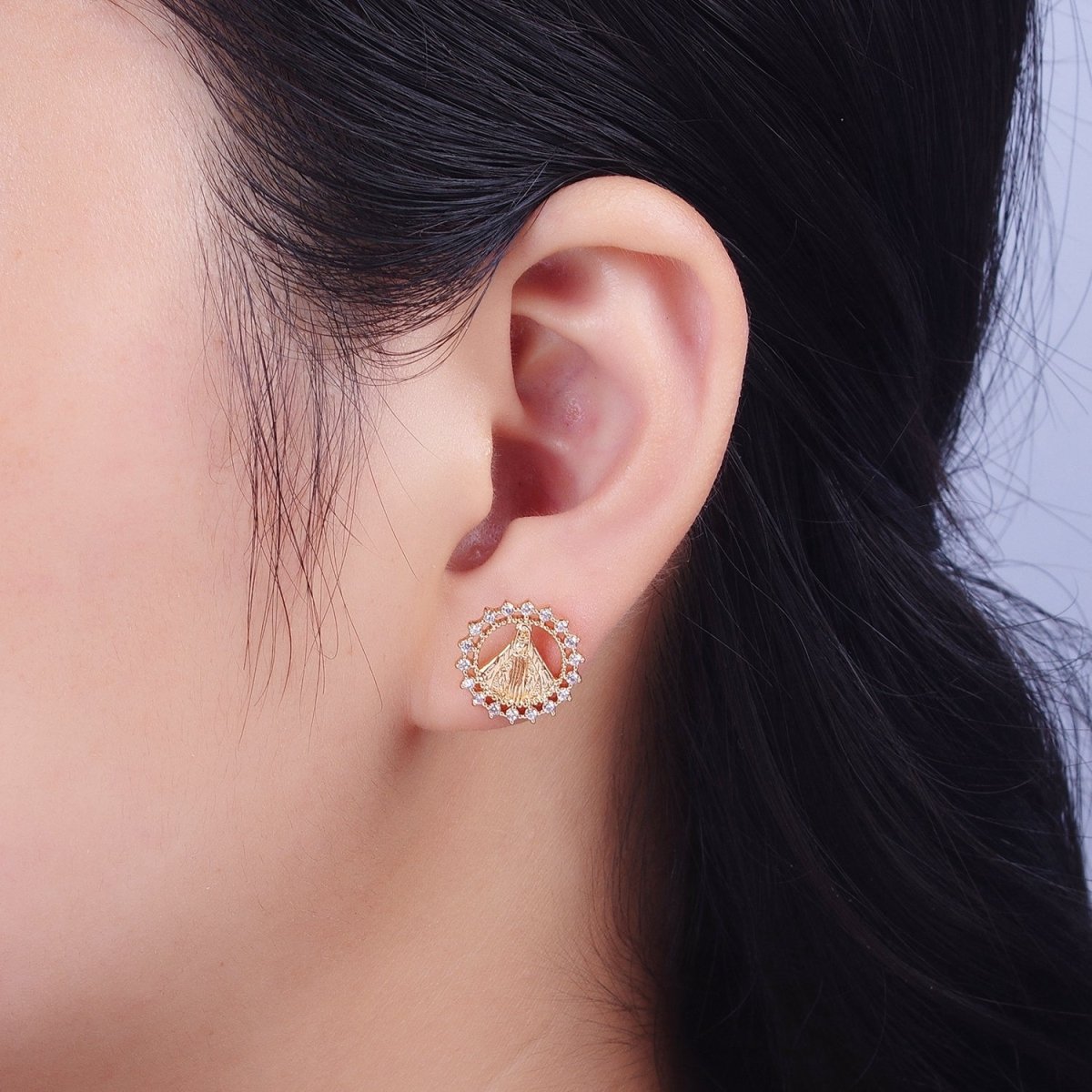 Gold Virgin Mary Stud Earring Sun Medallion Miraculous Lady Earring Catholic Religious Jewelry Gift AE-1049