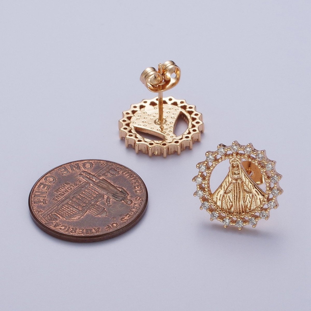 Gold Virgin Mary Stud Earring Sun Medallion Miraculous Lady Earring Catholic Religious Jewelry Gift AE-1049