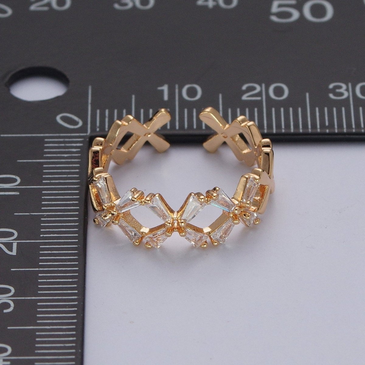 Minimalist Gold Baguette Cubic Zirconia Flower Adjustable Ring O-317