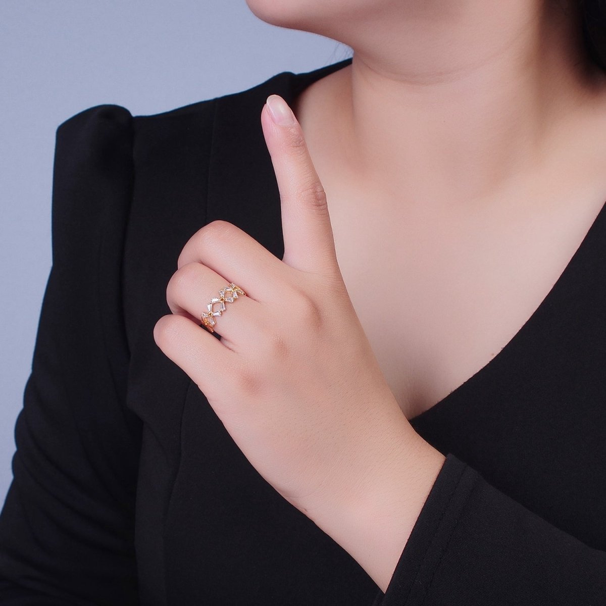 Minimalist Gold Baguette Cubic Zirconia Flower Adjustable Ring O-317