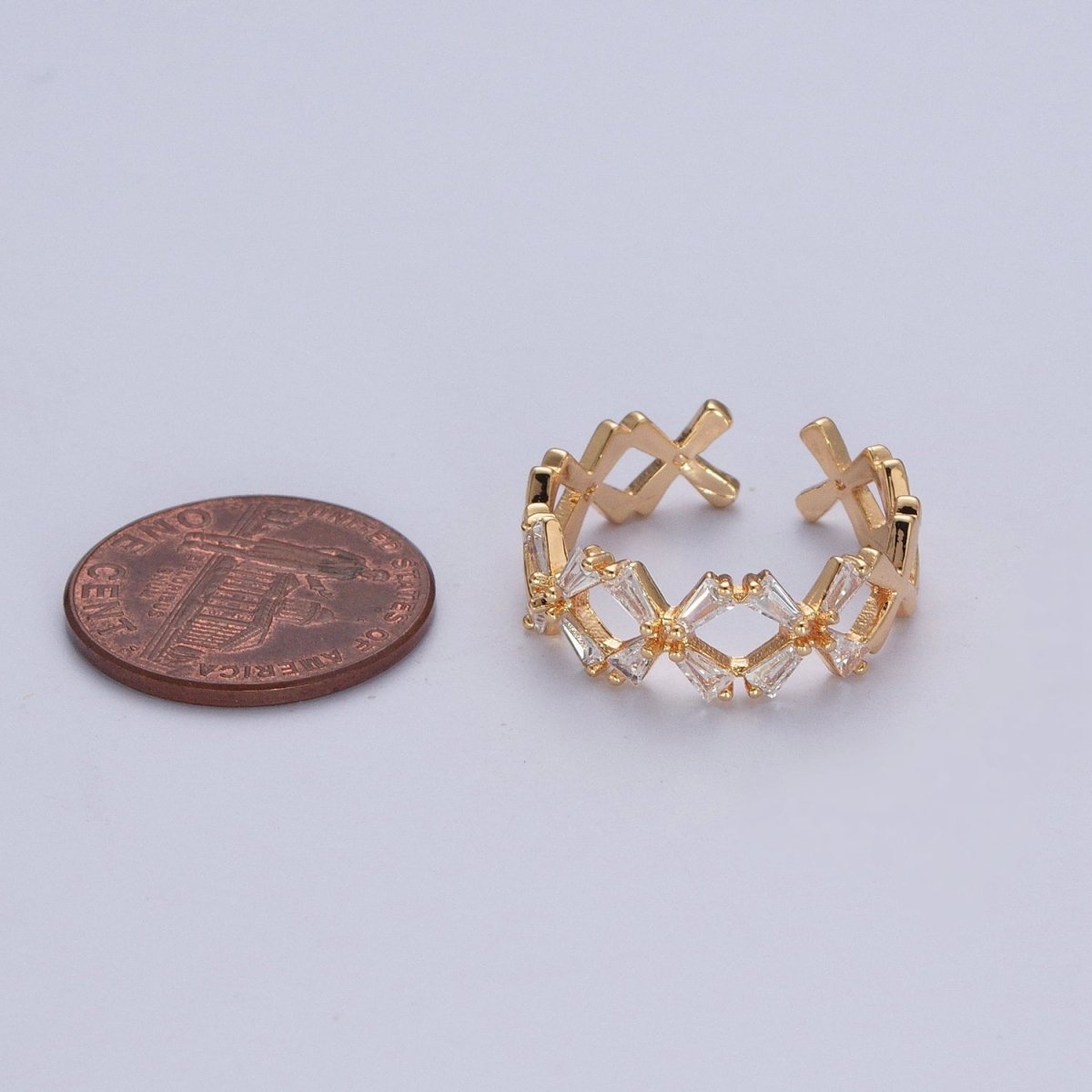 Minimalist Gold Baguette Cubic Zirconia Flower Adjustable Ring O-317