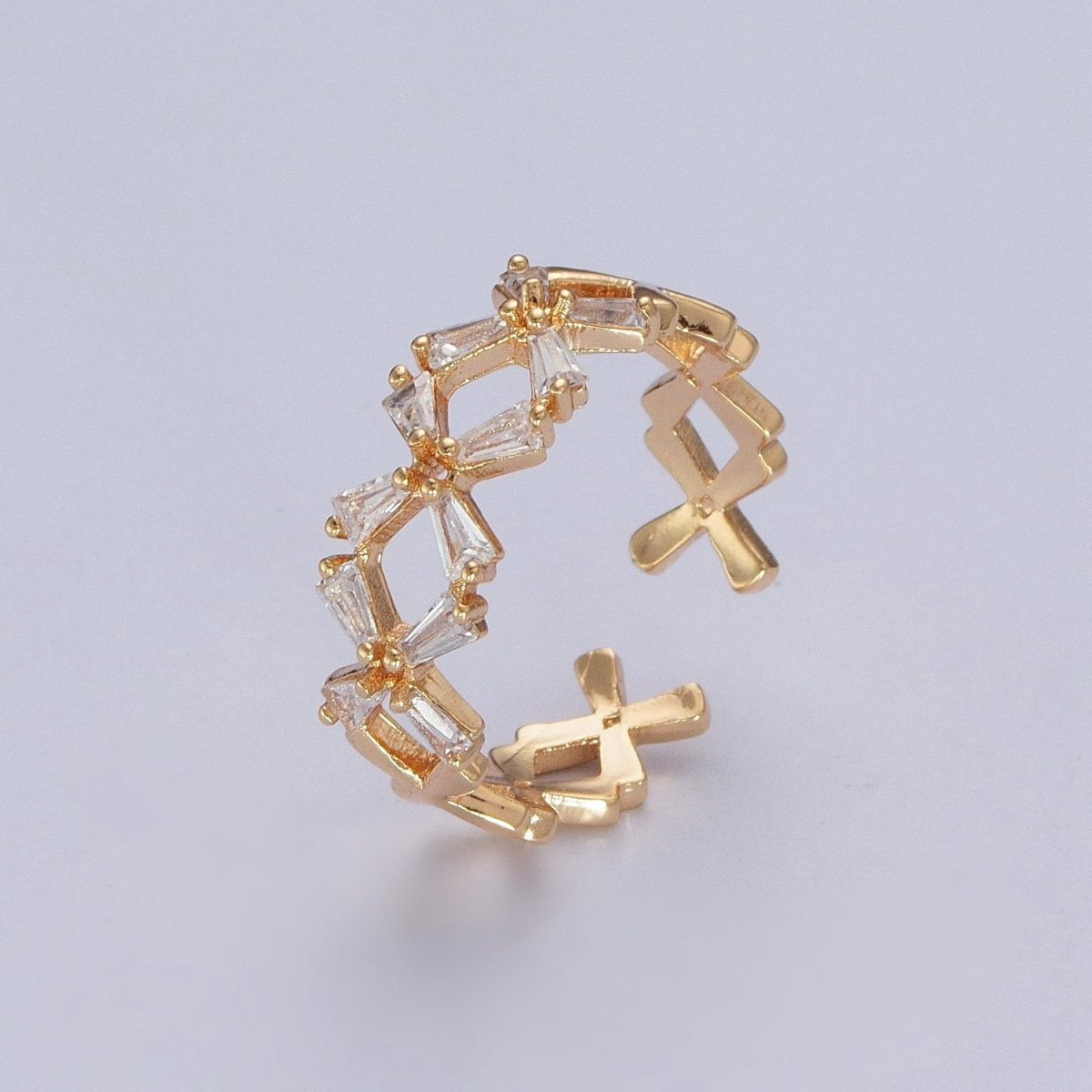 Minimalist Gold Baguette Cubic Zirconia Flower Adjustable Ring O-317
