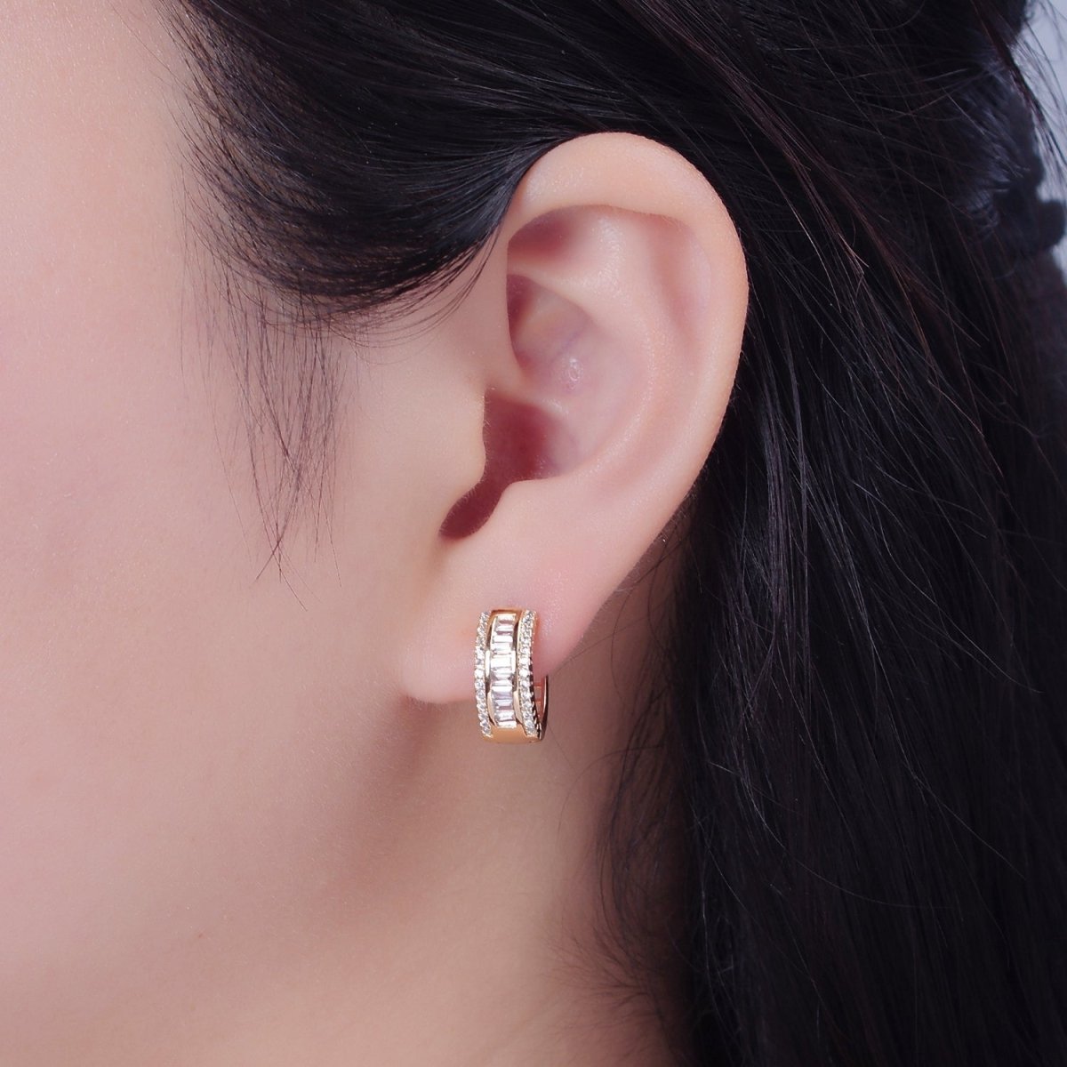 OS Mix Pave Baguette Cz Huggie Earring IN 16K Gold FilleD T-437