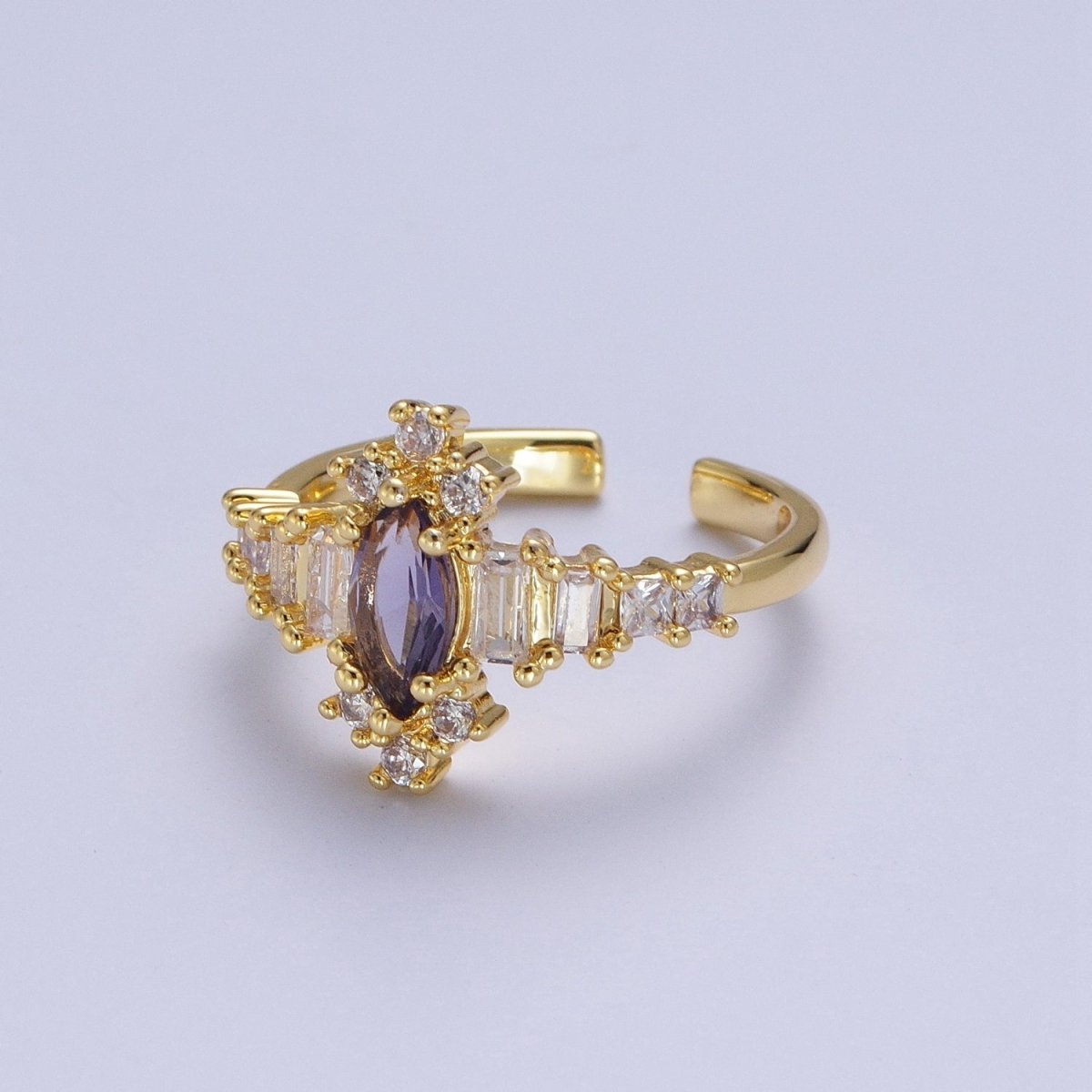 OS Purple Amethyst Marquise & Clear Baguette Cubic Zirconia Gold Adjustable Ring S-384