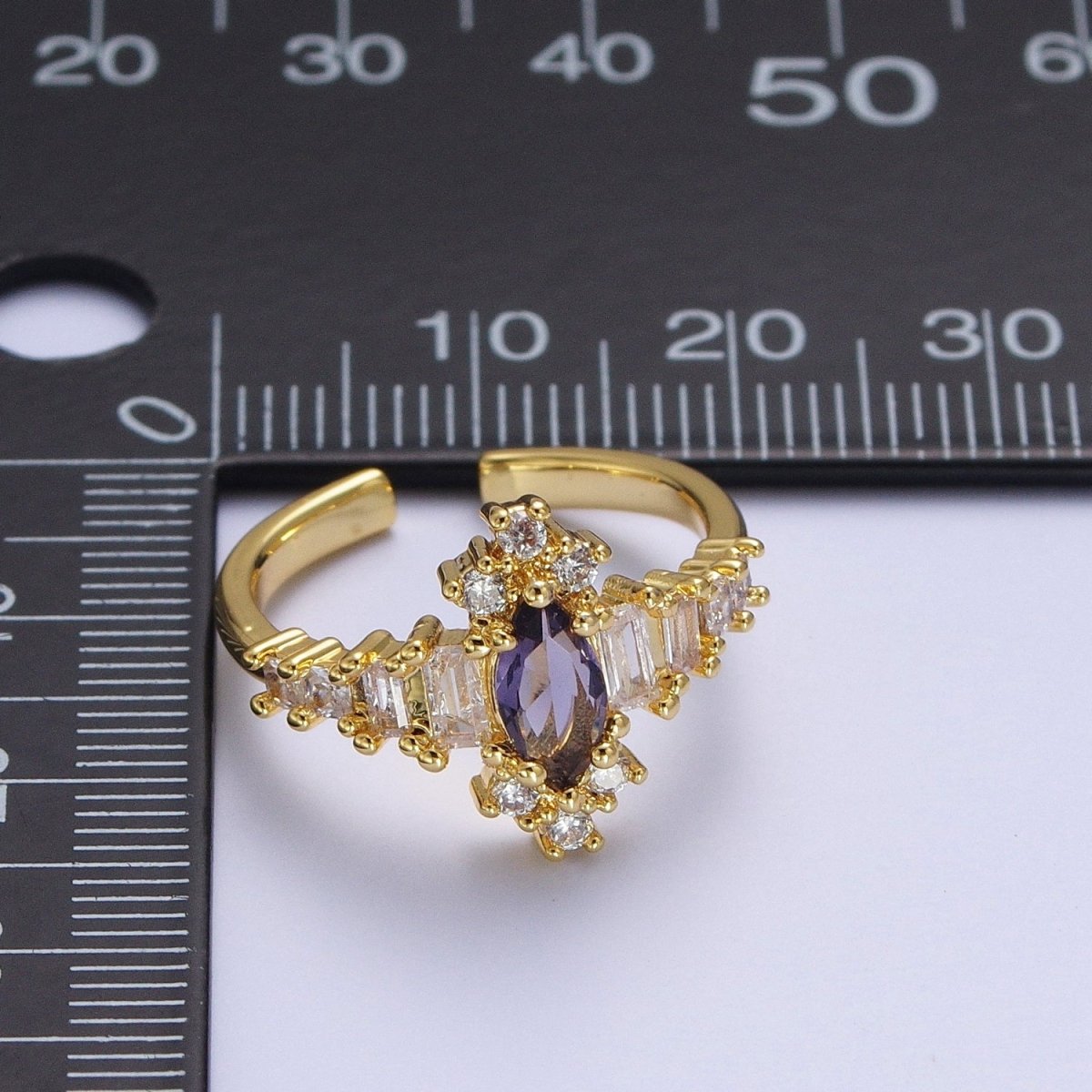 OS Purple Amethyst Marquise & Clear Baguette Cubic Zirconia Gold Adjustable Ring S-384