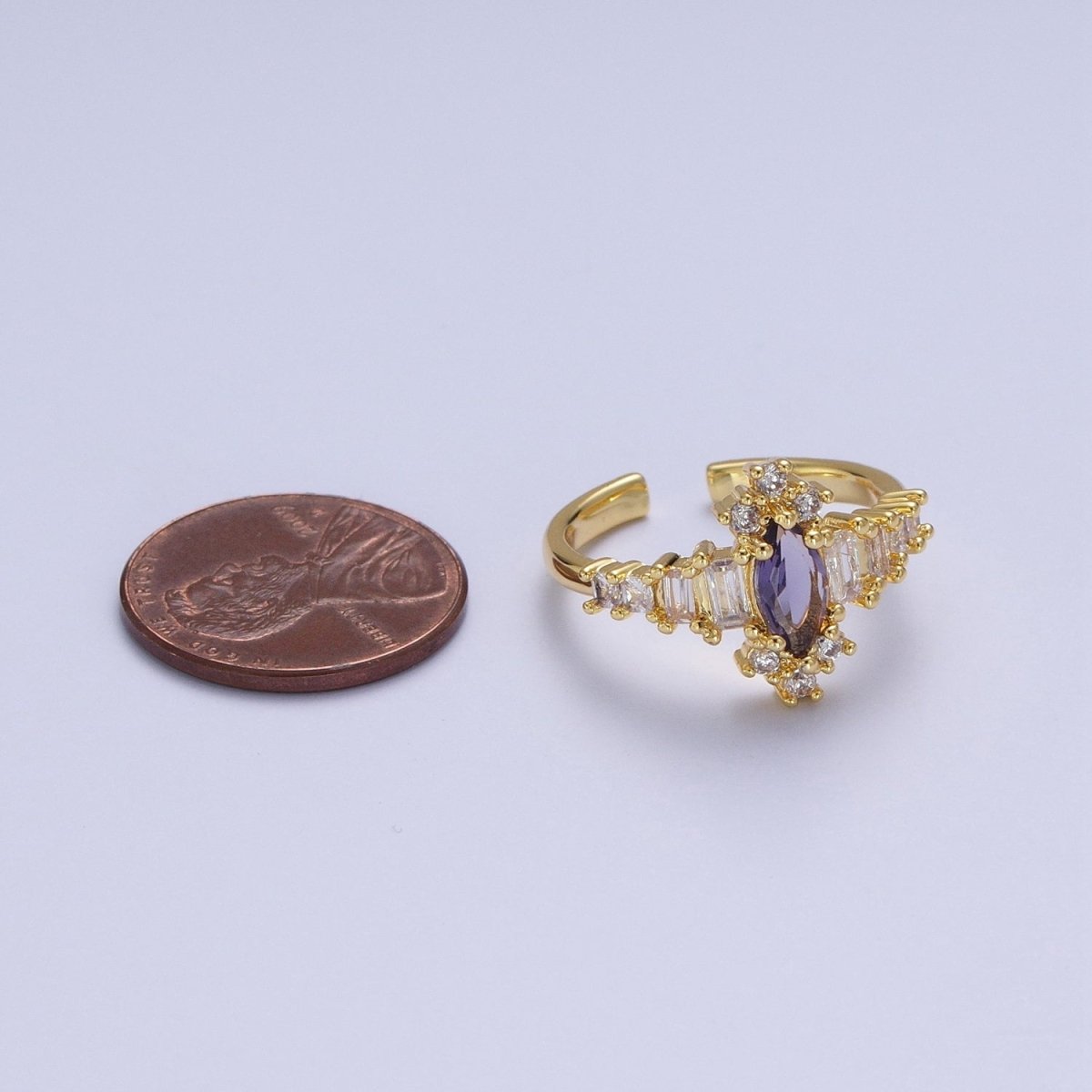 OS Purple Amethyst Marquise & Clear Baguette Cubic Zirconia Gold Adjustable Ring S-384