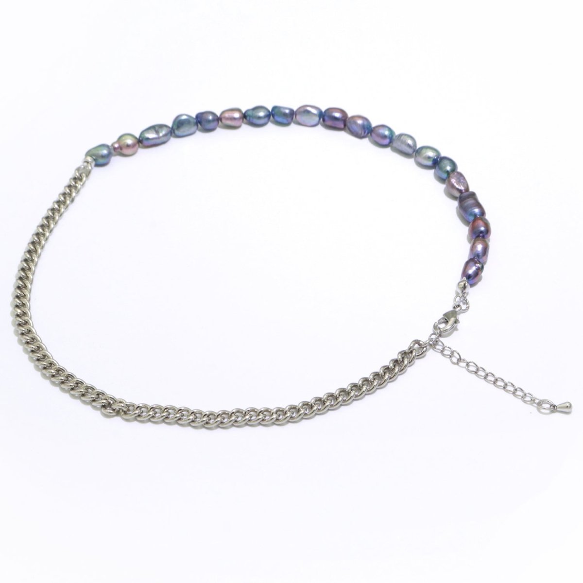 OS Rainbow Peacock Fresh Water Baroque Pearl Silver Curb Chain Link Necklace Unisex Jewelry | WA-267 Clearance Pricing