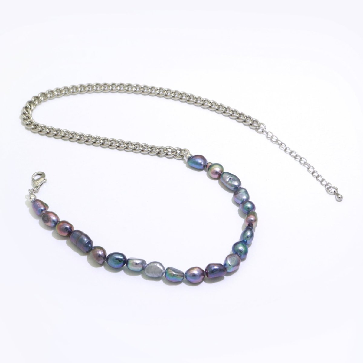 OS Rainbow Peacock Fresh Water Baroque Pearl Silver Curb Chain Link Necklace Unisex Jewelry | WA-267 Clearance Pricing