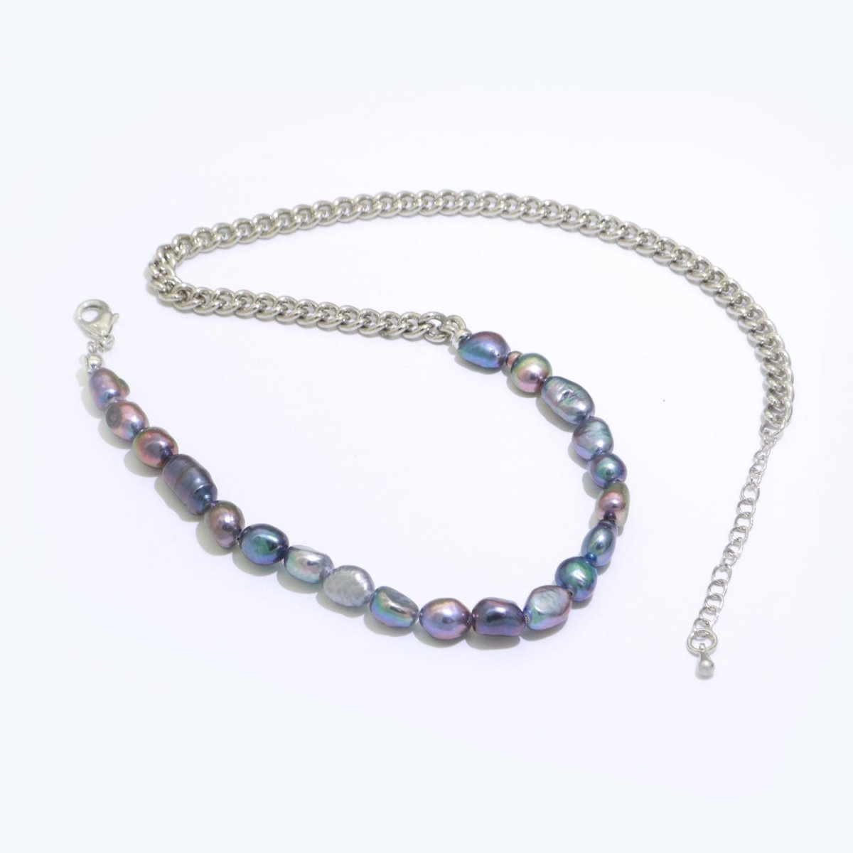 OS Rainbow Peacock Fresh Water Baroque Pearl Silver Curb Chain Link Necklace Unisex Jewelry | WA-267 Clearance Pricing