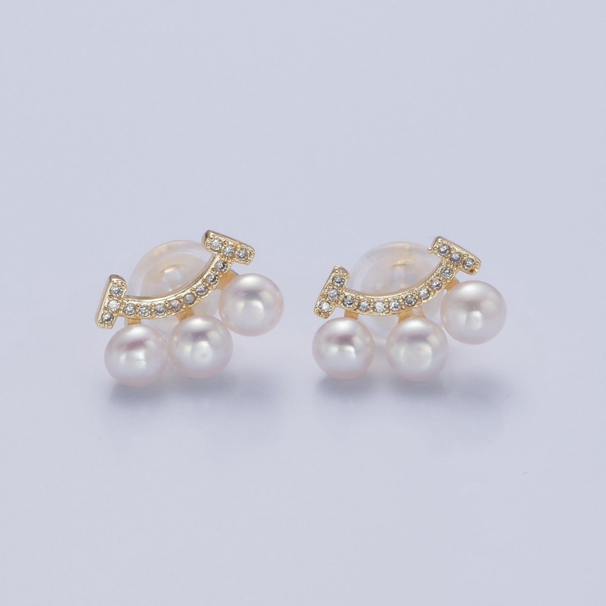 OS Three White Pearl Stud Earring with Gold Pave Smile for Wedding Jewelry T-528