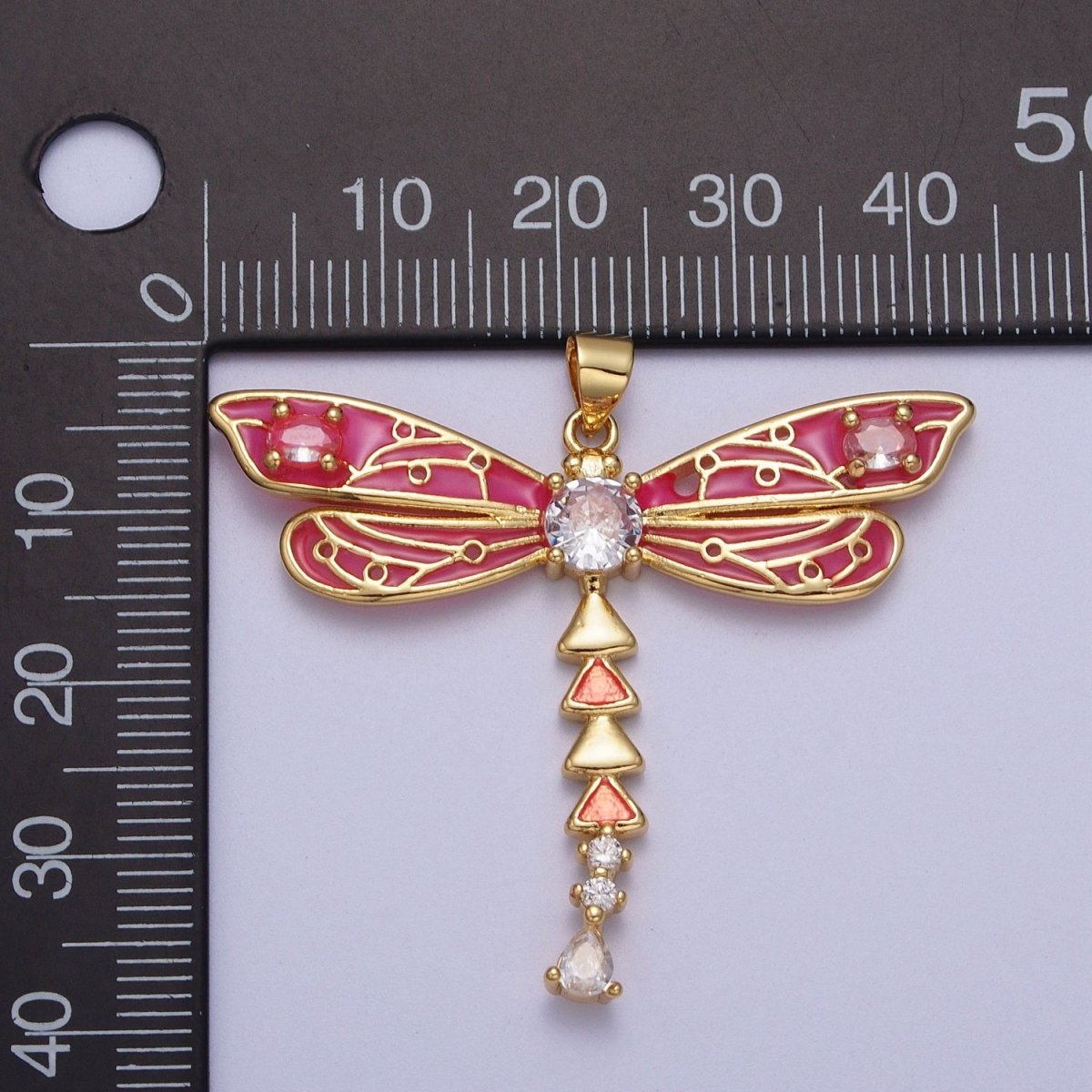 Oval CZ Insect Dragonfly Hot Pink Enamel Gold Pendant H-167