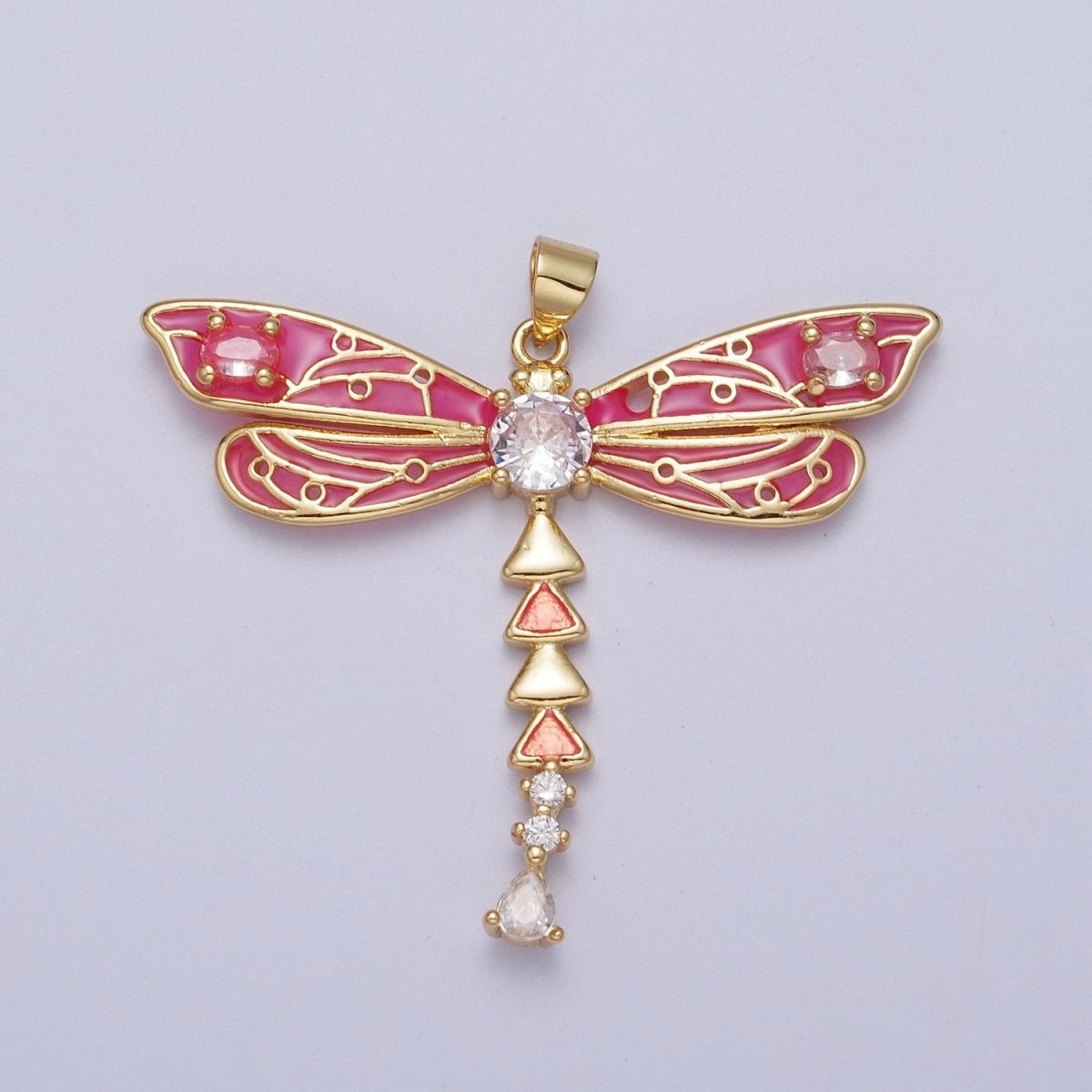 Oval CZ Insect Dragonfly Hot Pink Enamel Gold Pendant H-167