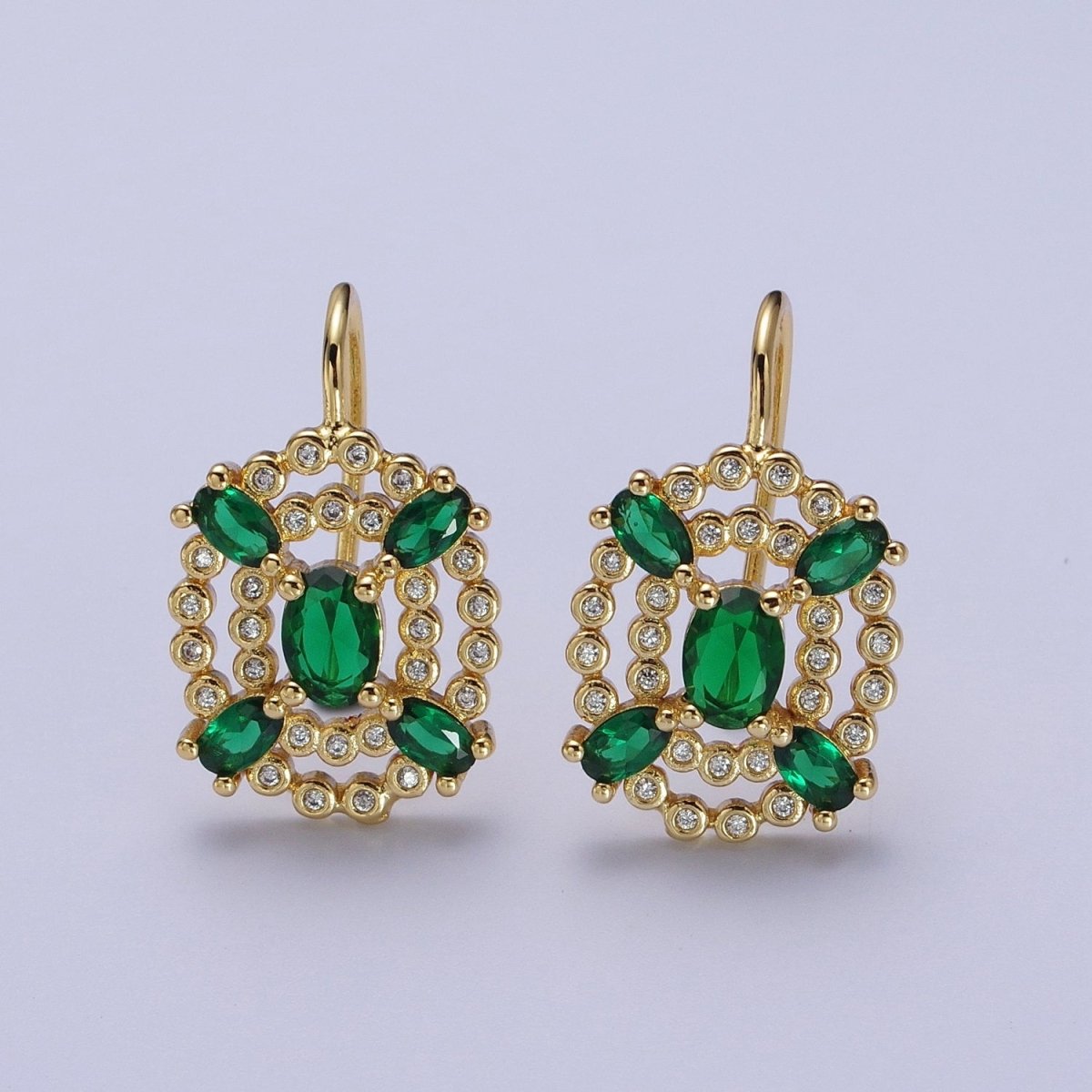 Oval Emerald Green French Hook Earring Circular Cubic Zirconia Drop CZ Gold Earrings | AD-118