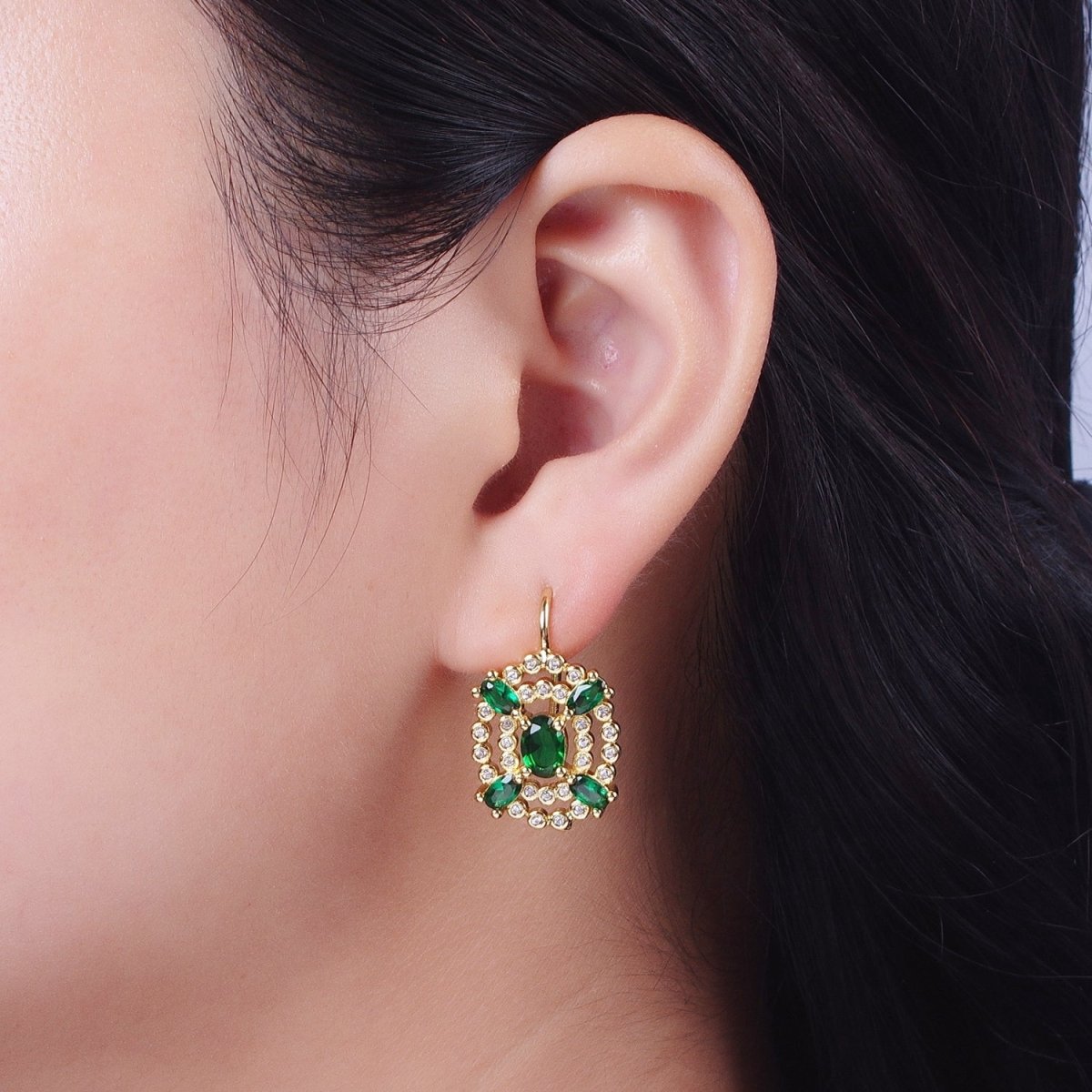Oval Emerald Green French Hook Earring Circular Cubic Zirconia Drop CZ Gold Earrings | AD-118