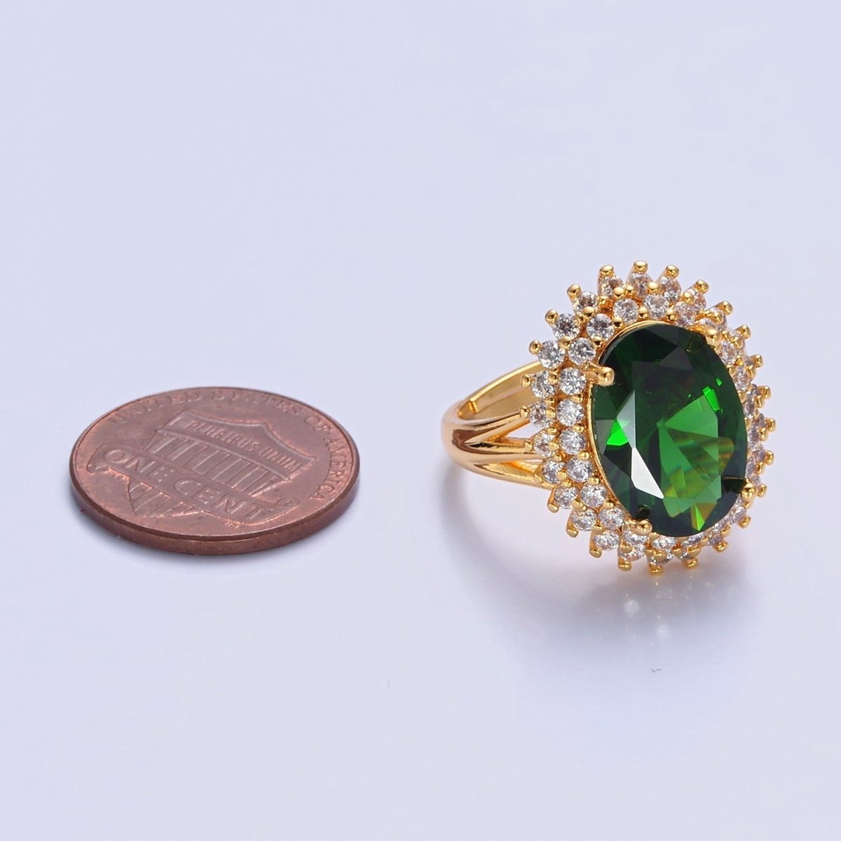 Oval Emerald Green Sunburst Celestial Sun Micro Pave Clear CZ Cubic Zirconia Ring O-766