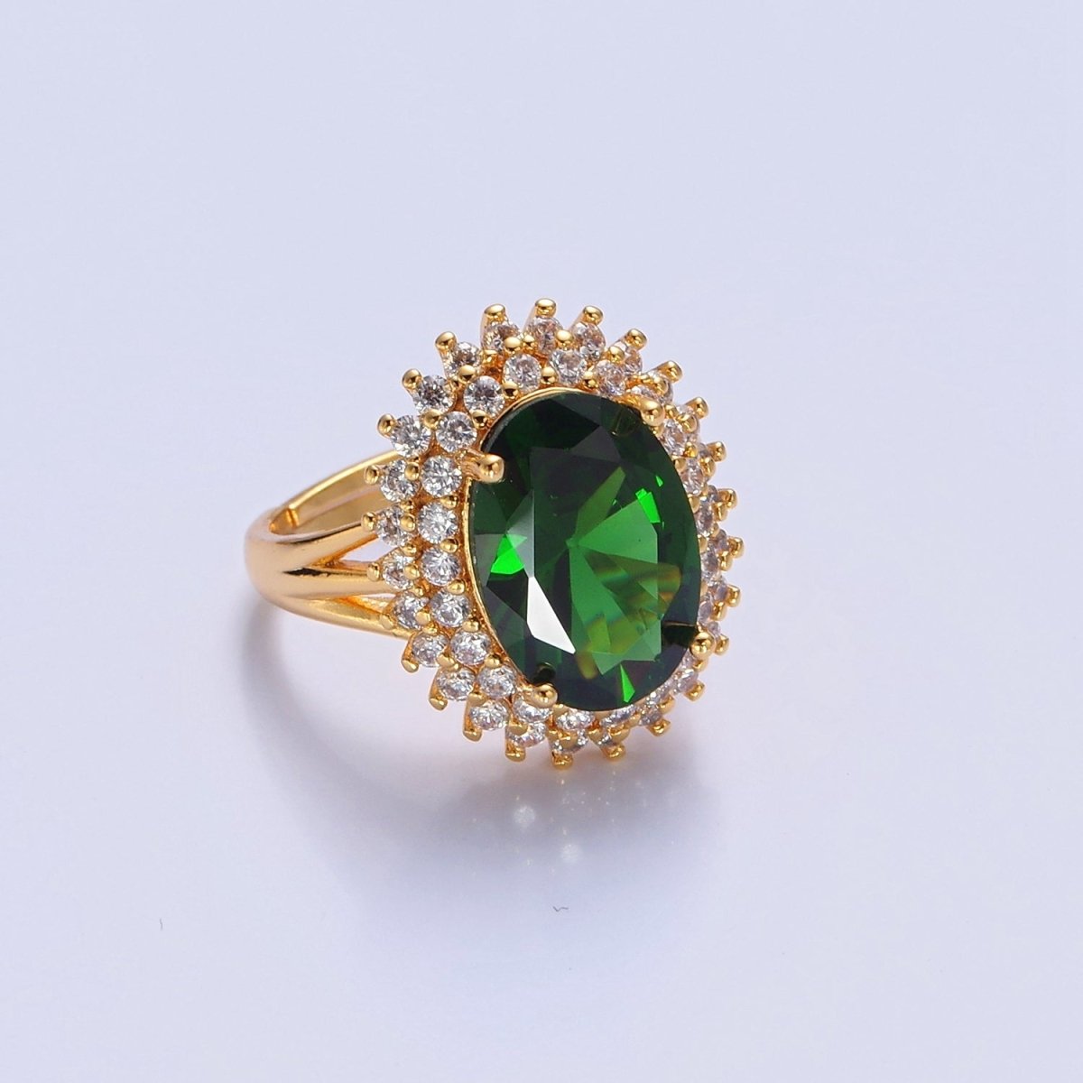 Oval Emerald Green Sunburst Celestial Sun Micro Pave Clear CZ Cubic Zirconia Ring O-766