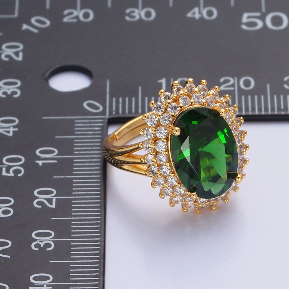 Oval Emerald Green Sunburst Celestial Sun Micro Pave Clear CZ Cubic Zirconia Ring O-766