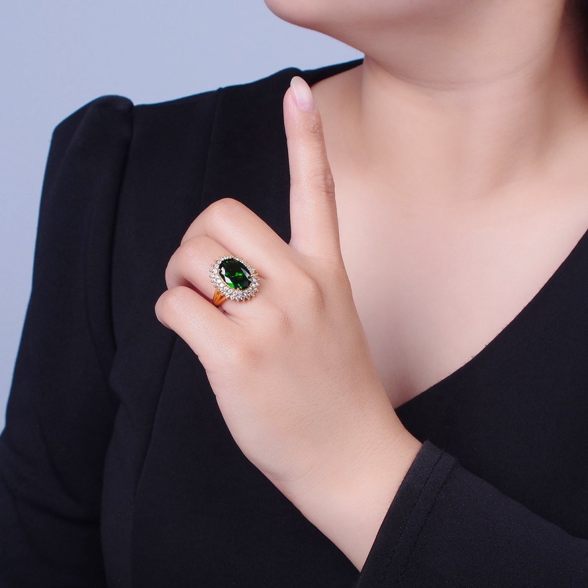 Oval Emerald Green Sunburst Celestial Sun Micro Pave Clear CZ Cubic Zirconia Ring O-766