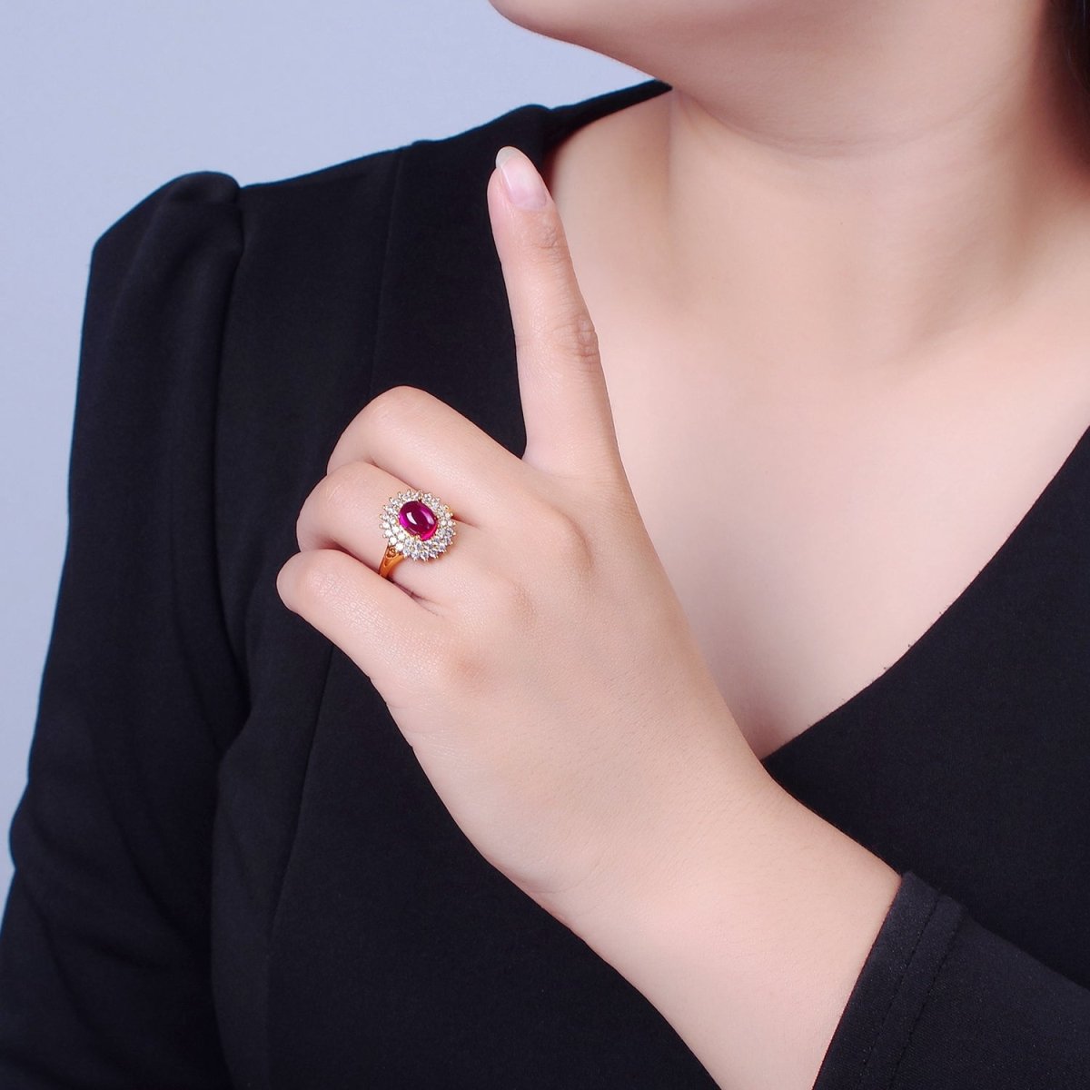 Oval Fuchsia Pink Jade Ring, Cubic Zirconia Sunflower Ring O-775