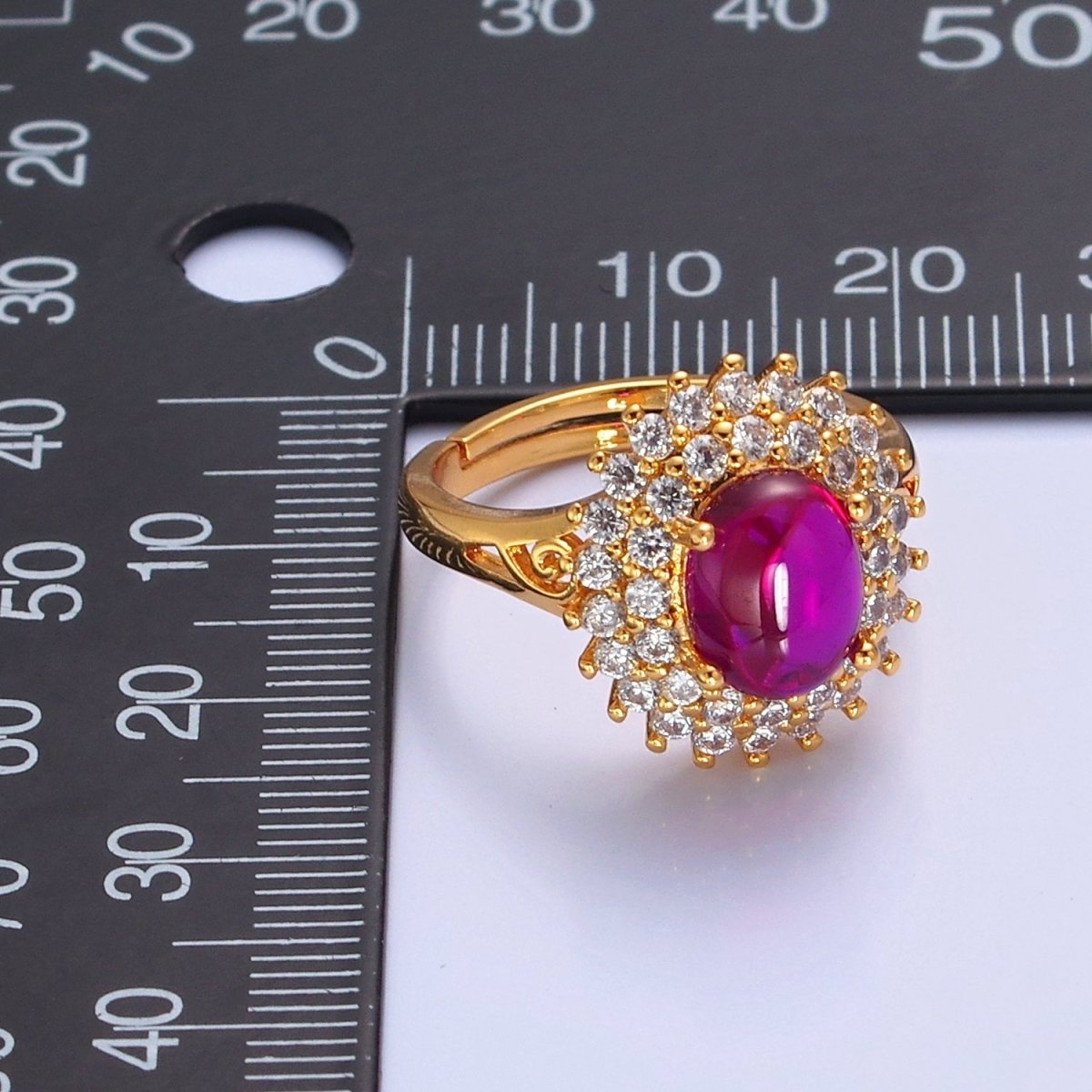 Oval Fuchsia Pink Jade Ring, Cubic Zirconia Sunflower Ring O-775