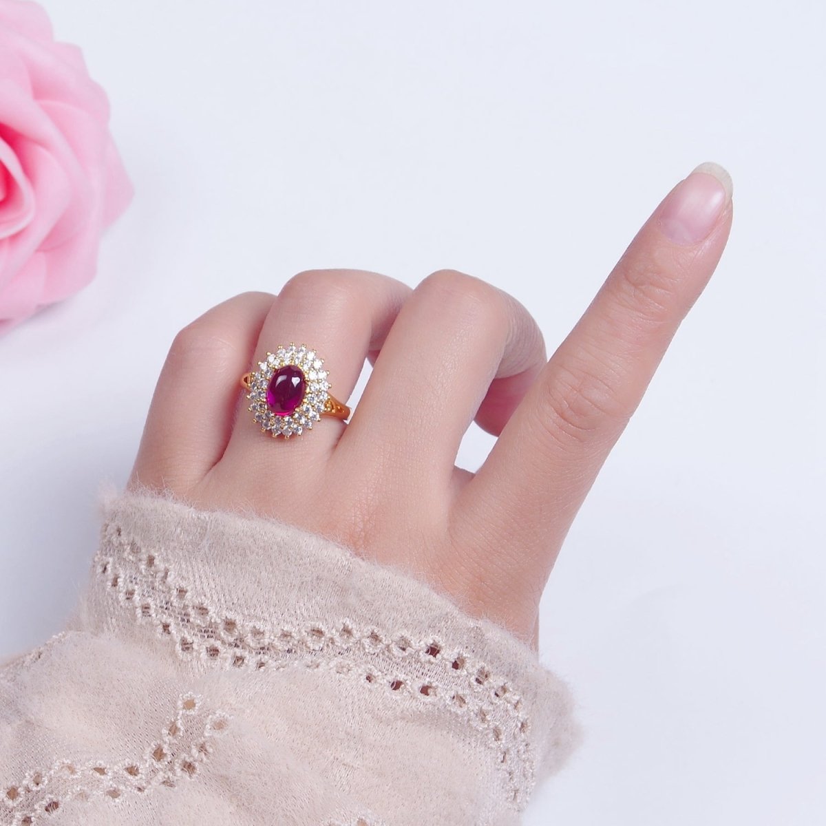 Oval Fuchsia Pink Jade Ring, Cubic Zirconia Sunflower Ring O-775