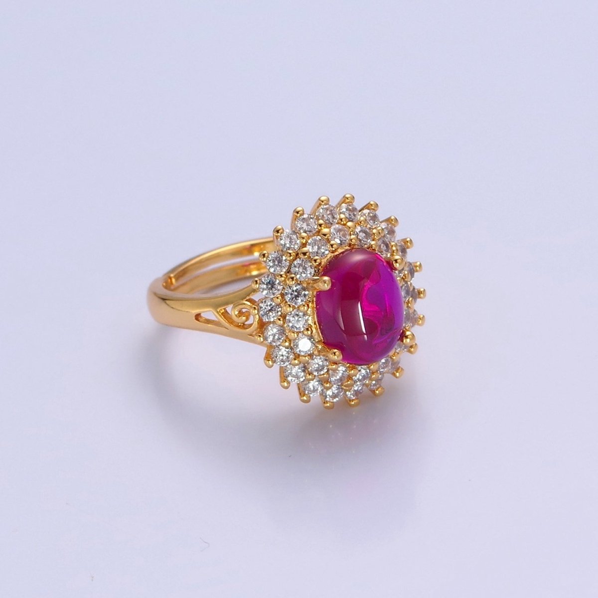 Oval Fuchsia Pink Jade Ring, Cubic Zirconia Sunflower Ring O-775