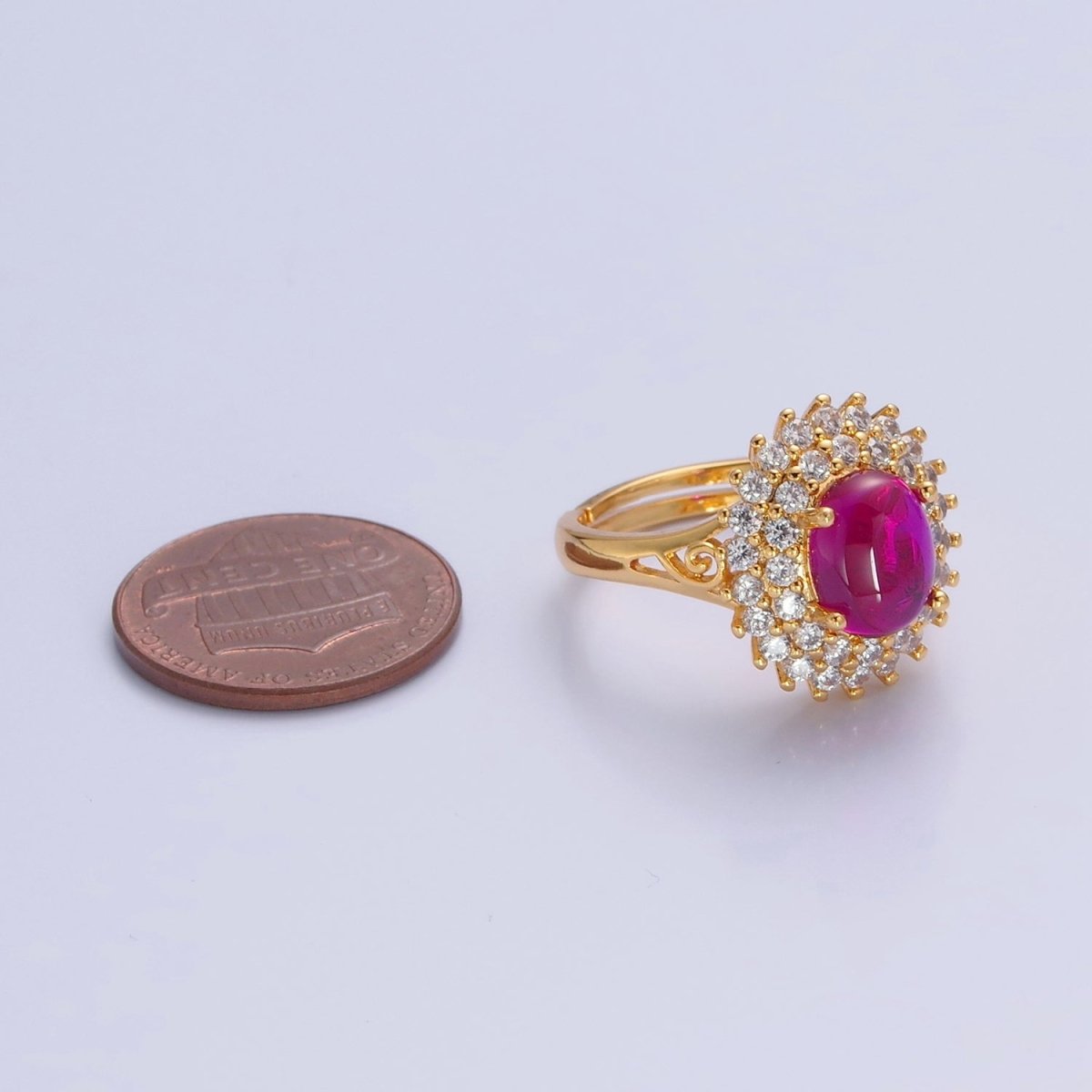 Oval Fuchsia Pink Jade Ring, Cubic Zirconia Sunflower Ring O-775
