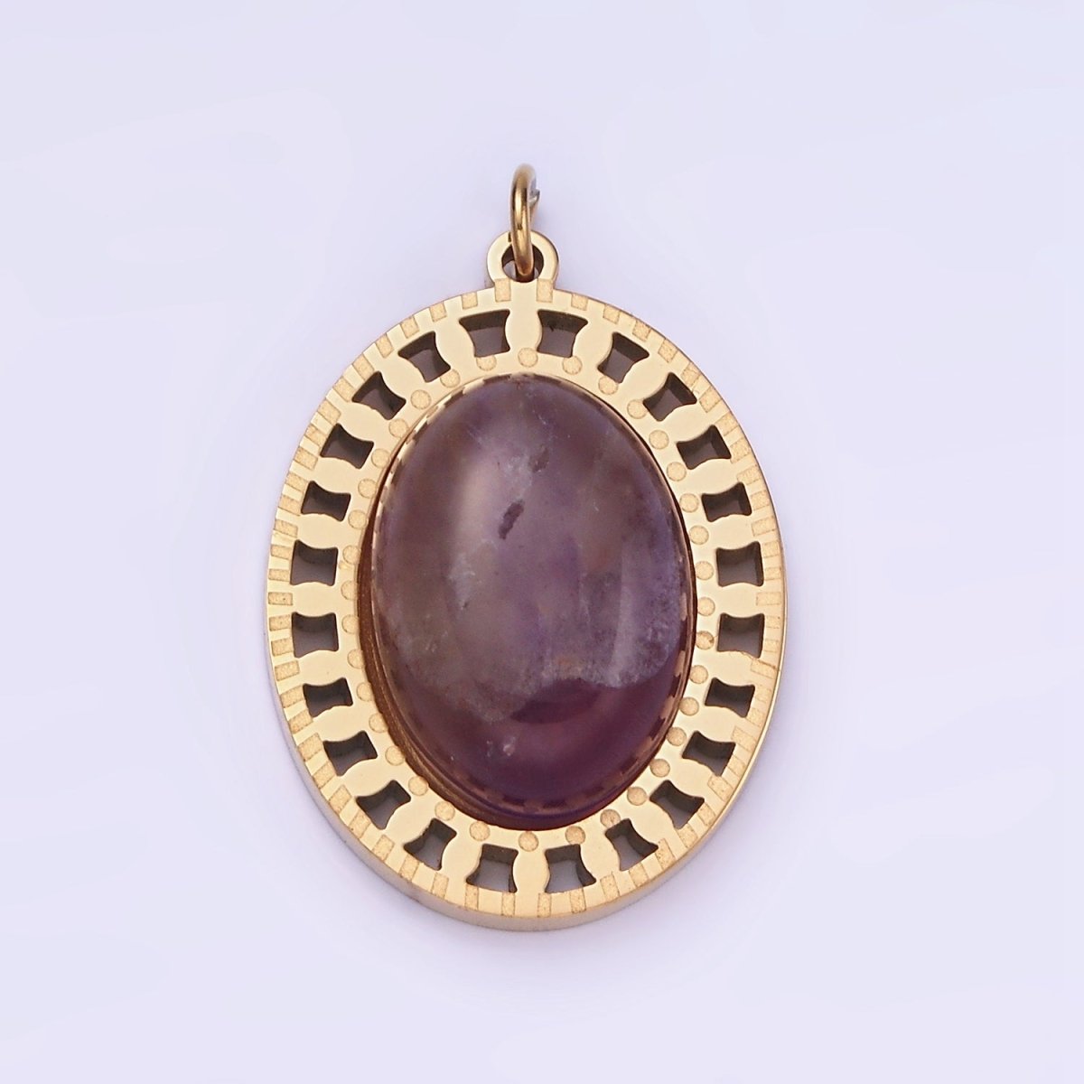 Oval Purple Amethyst Gold Stainless Steel Charm Medallion Pendant | P1405