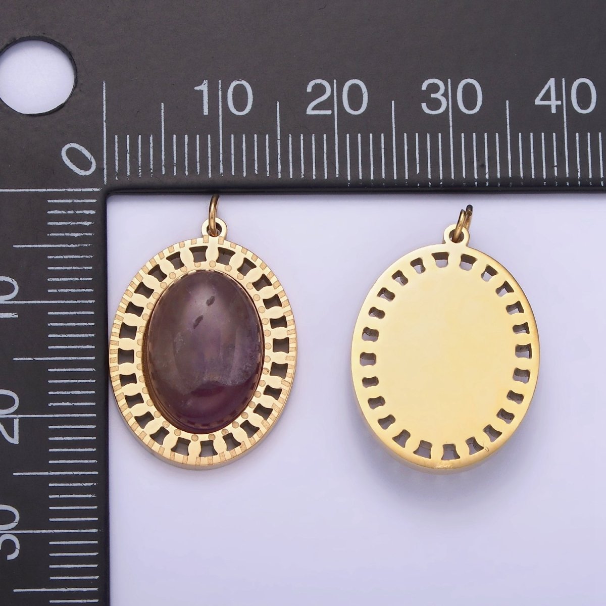 Oval Purple Amethyst Gold Stainless Steel Charm Medallion Pendant | P1405