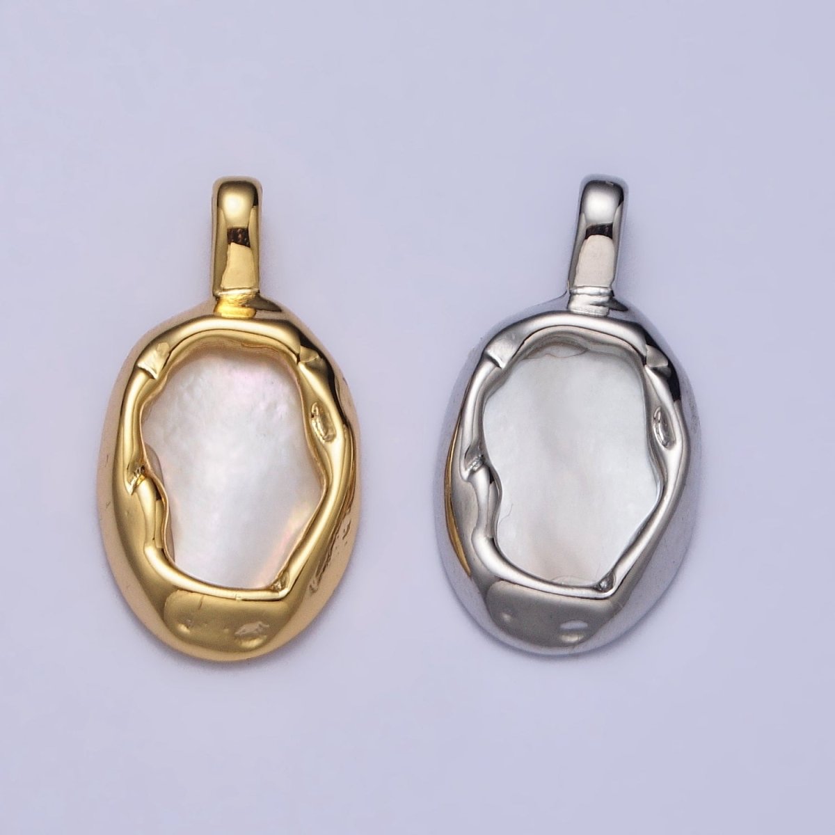 Oval Shell Pearl Hammered Framed Pendant in Gold & Silver | AA093 AA094