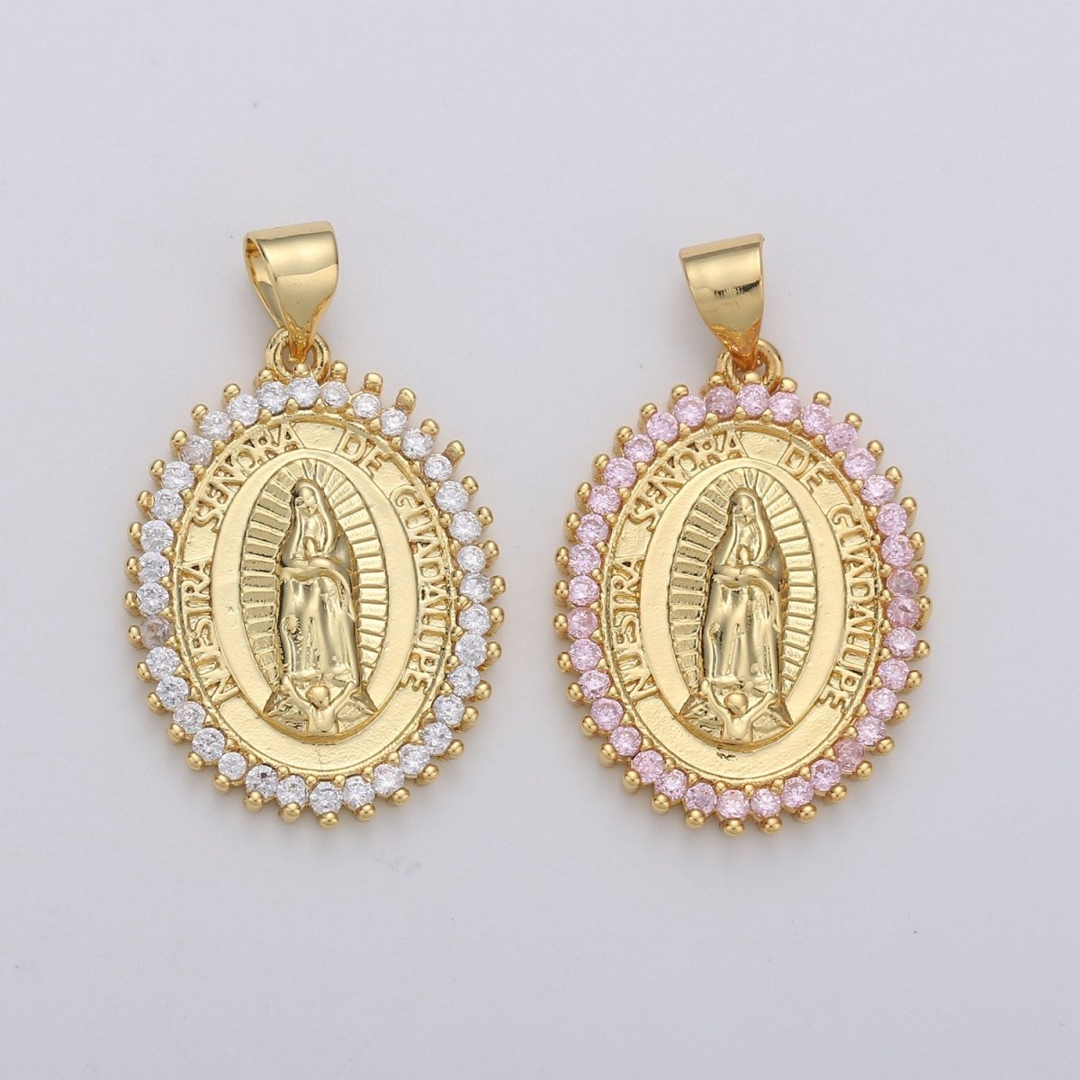 Overstock Clearance 24k Gold Filled Virgin Mary Pendant Necklace Pink Micro Pave Virgen de Guadalupe Medallion Pendant for Necklace Religious Jewelry Supply I-649 I-650
